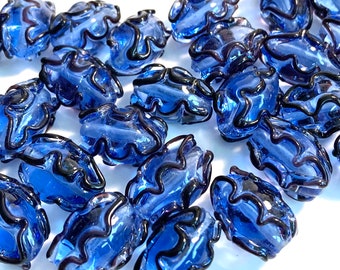 Cobalt Blue, Handmade Lampwork Glass Beads with Black Raised Ribbons - Oval - 4 Beads - 18mm x 12mm