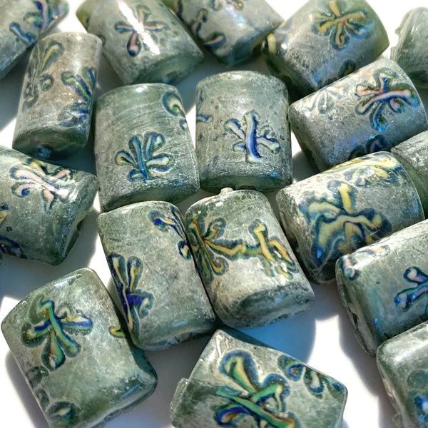 Sage Green Lampwork Glass Beads – Puffed Rectangle with Floral Design - 5 Beads (17mm x 14mm)