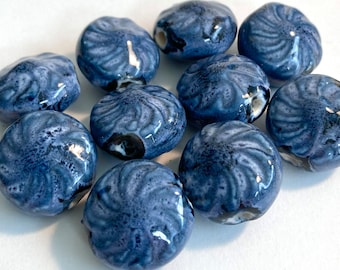 Antique Blue Glaze on White Ceramic Beads - Embossed Swirls on Puffed Coin - 4 Beads - Approximately 20mm