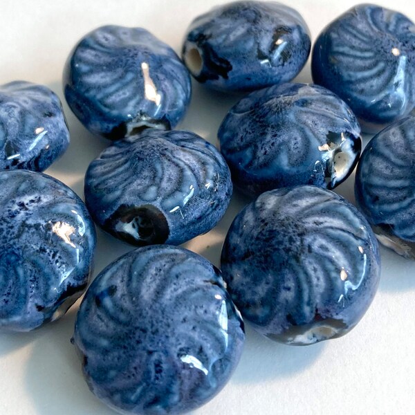 Antique Blue Glaze on White Ceramic Beads - Embossed Swirls on Puffed Coin - 4 Beads - Approximately 20mm