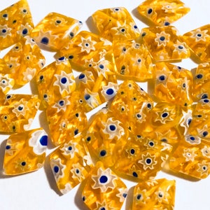 Translucent Rich Yellow Millefiori Glass Beads with White & Cobalt - Puffed Diamond - 20 beads - Approximately 13mm x 10mm