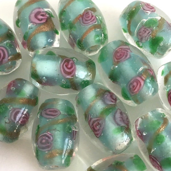 Czech lampworked glass beads - Sea foam green oval with pink flowers and gold foil swirls - 2 beads - Approximately 16mm x 11mm