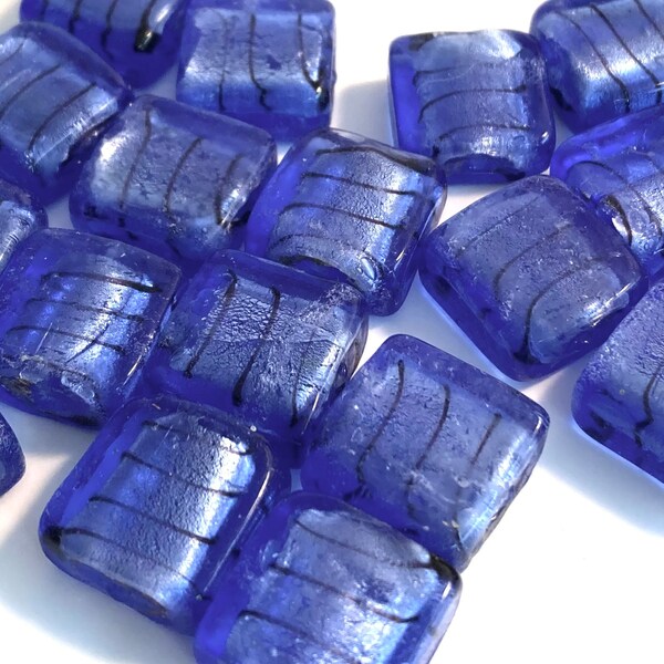 Cobalt Blue, Foil-lined, Lampwork Glass Beads with Dark Thin Stripes - Square - 5 Beads - Approximately 15mm x 15mm x 5-6mm