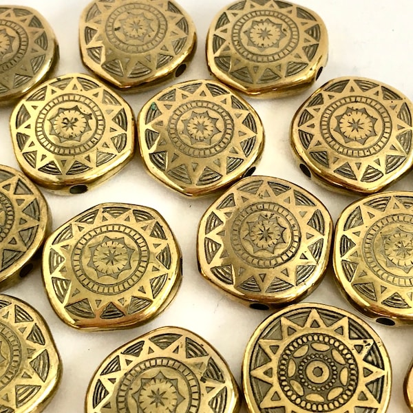 Sun Design - Antiqued, gold- or silver-finished, copper-coated plastic beads - Irregular Round, Double sided - 14 beads - Approximately 18mm