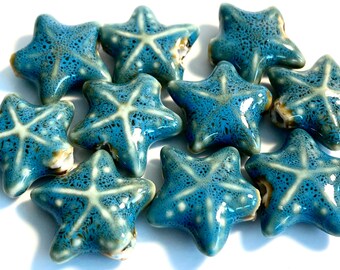 Aqua Glazed Ceramic Starfish Beads - 4 Beads - Approximately 20mm