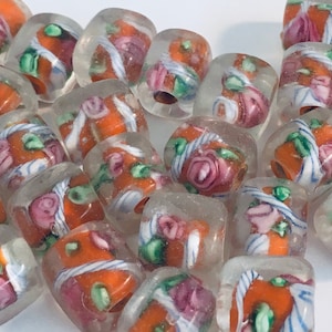 4 Czech lampworked floral glass beads - Clear with Orange, Pink and Green - Rectangular cubes - 4 beads - Approximately 11mm x 9mm