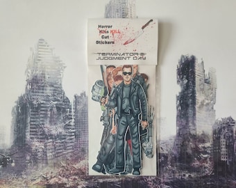 May include: A set of five die-cut stickers featuring characters from the movie Terminator 2: Judgment Day. The stickers are printed on white paper and feature a red and black color scheme. The stickers are packaged in a clear plastic bag with a header card that reads "Horror Kills Cut Stickers" and "Terminator 2: Judgment Day".