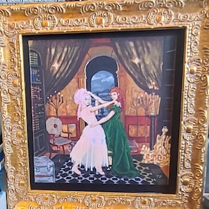 May include: An ornate, gold-framed painting depicts two women dancing in a room with dark curtains and bookshelves. One woman wears a pink dress, the other a green dress. The room has a black and white checkered floor.