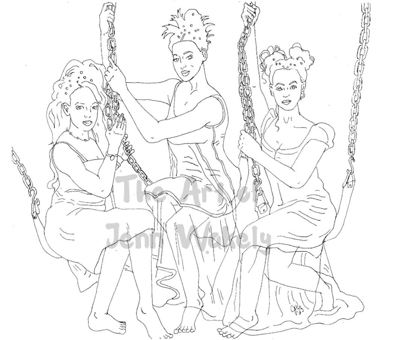 May include: Three women are sitting on swings, each holding onto a chain. They are all wearing dresses and have their hair styled in different ways. The image is drawn in black and white.