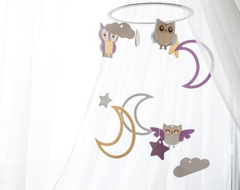 Baby mobile -crib mobile - Moon owl  - Owl nursery mobile - baby shower gift - Nursery decor woodland - stars grey nursery