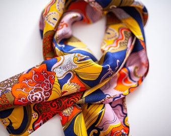 Vintage blue yellow orange floral Scarf Scarf for bag Wraps Hair bandana Рead shawl Тeck scarf Тeckerchief Gift for her Ornamental