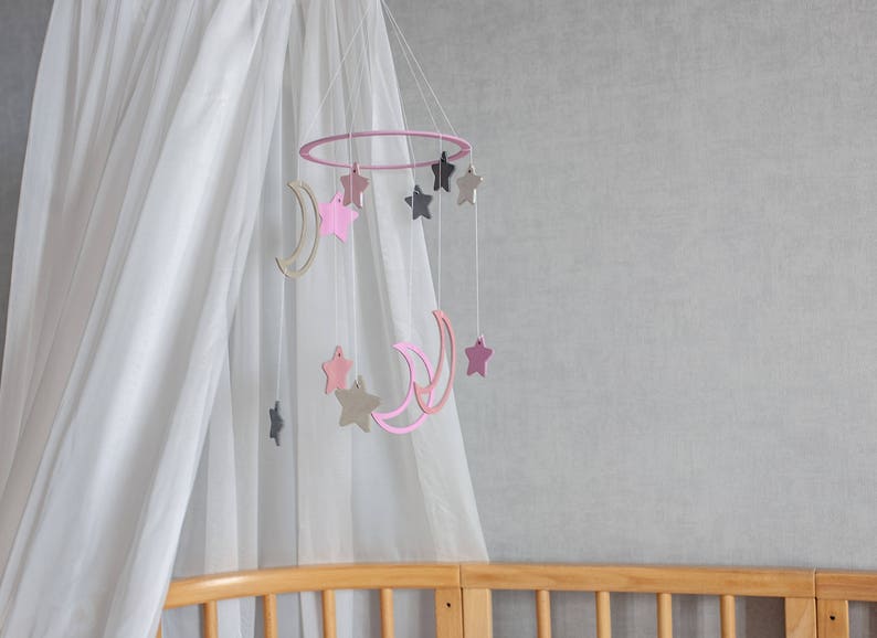 celestial Baby mobile girl Moon baby mobile Moon mobile for baby Pink crib mobile Baby mobile woodland Moon mobile for kids image 1