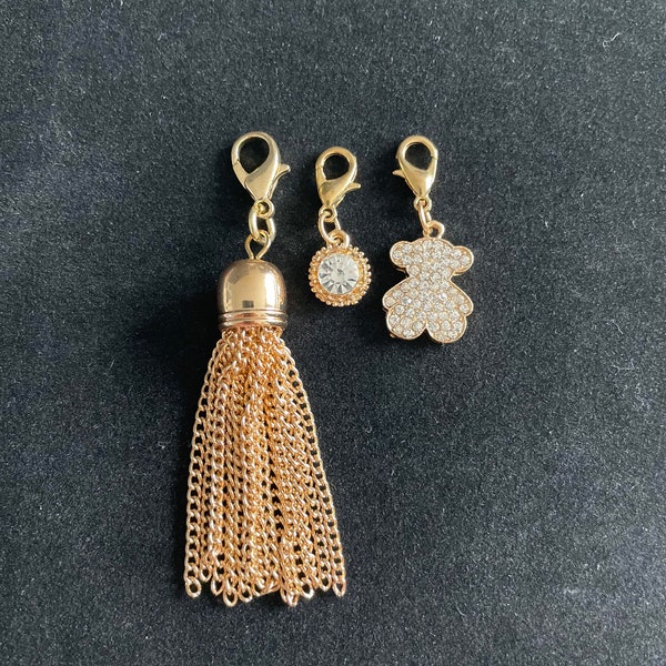 Charms set of 3 gold tone teddy bear diamond tassel