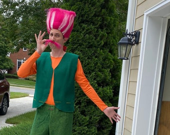 King Peppy Dad Trolls Halloween-kostuum voor kinderen, volwassenen, mannen, jongens, peuters en baby's (vest, korte broek en bodysuit)