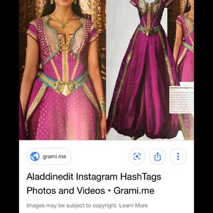 May include: A close-up image of a woman wearing a purple and teal costume with gold accents. The costume features a fitted bodice with a plunging neckline and a flowing skirt. The woman has long dark hair and is wearing gold jewelry. The text "Jasmine (in magenta!)" is visible in the lower right corner of the image.