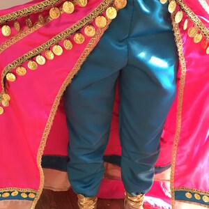 May include: A turquoise pair of pants with gold coin trim and a pink cape with gold trim. The cape is open in the front, revealing the pants.