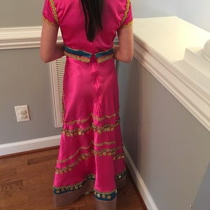 May include: A pink floor-length dress with gold and blue trim. The dress has a fitted bodice and a flowing skirt with gold coin accents.