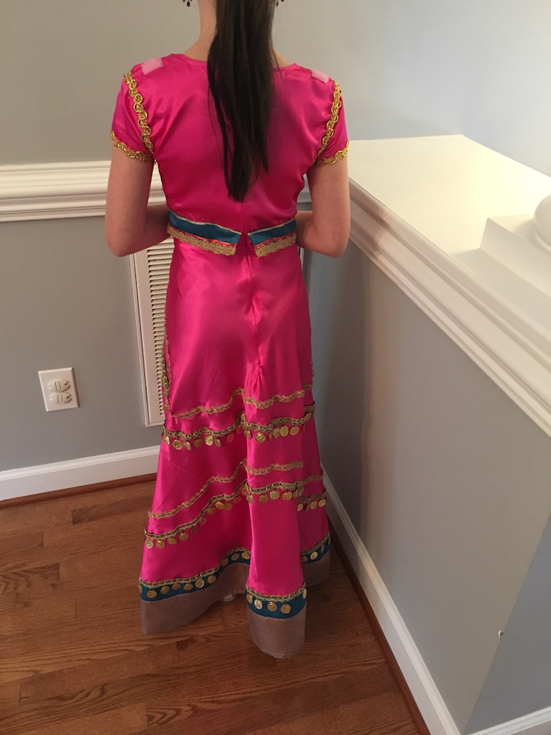 May include: A pink floor-length dress with gold and blue trim. The dress has a fitted bodice and a flowing skirt with gold coin accents.