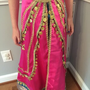 May include: A pink dress with gold trim and coin accents. The dress has a blue sash and a gold belt.