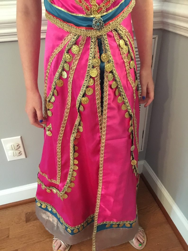 May include: A pink dress with gold trim and coin accents. The dress has a blue sash and a gold belt.