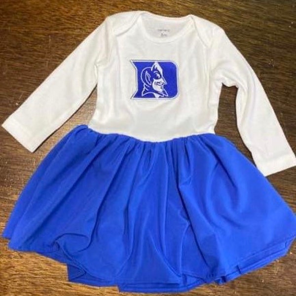 Duke Blue Devils Skirted Bodysuit Dress Basketball or College Football Baby Dress Short Sleeved or Long Sleeved