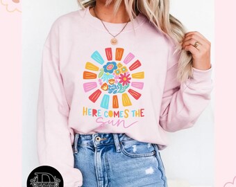 Sudadera con estampado floral "Here Comes The Sun" - Rosa claro