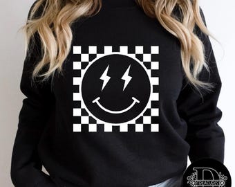 Sudadera retro con cuello redondo y diseño de rayo y cara feliz