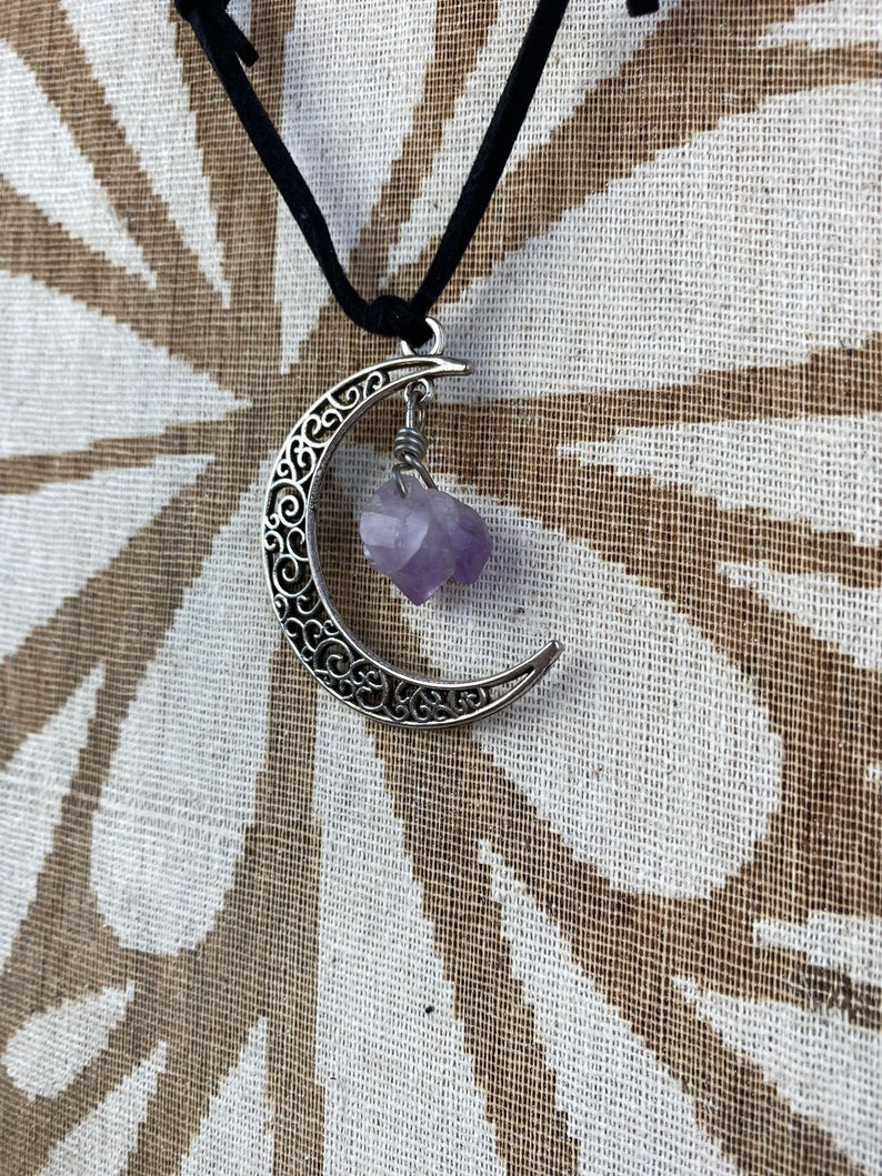 Handmade crescent moon charm necklace with wire wrapped crystal or amethyst blue aura quartz variety of crystal options; pink aura quartz