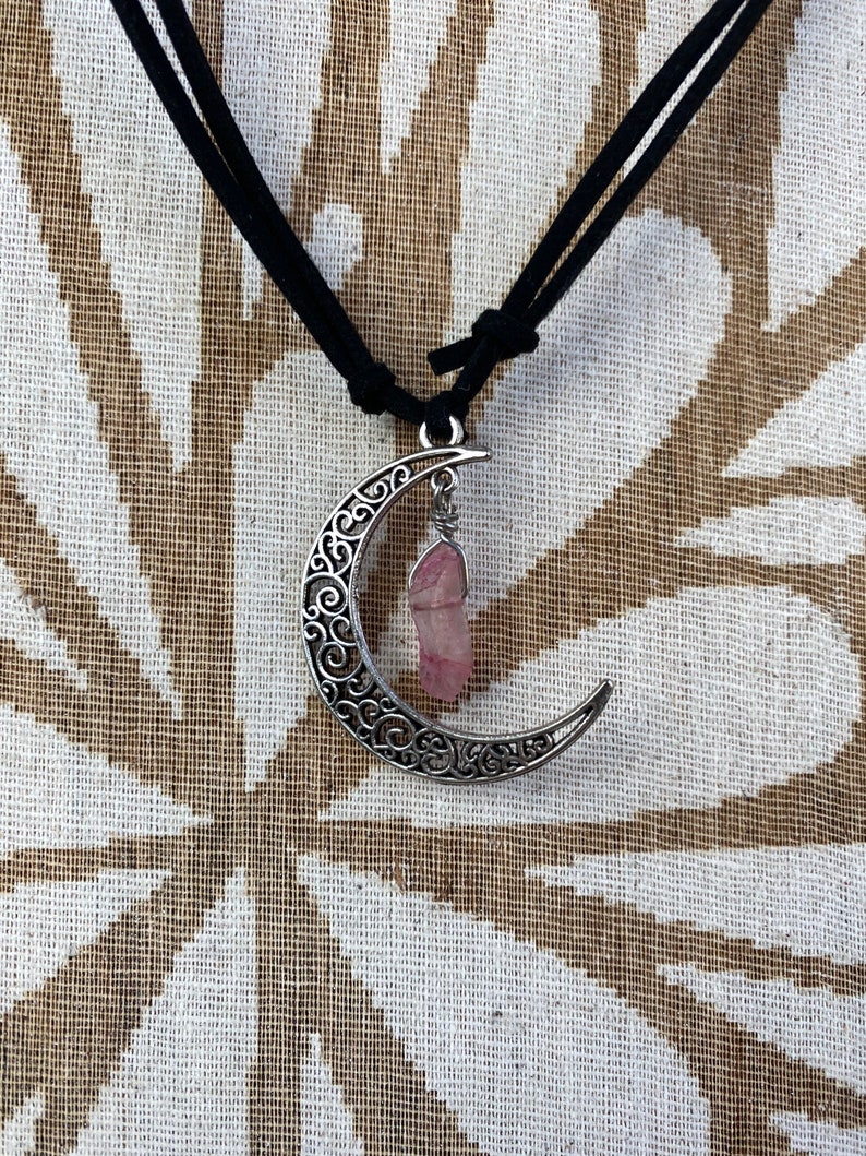 Handmade crescent moon charm necklace with wire wrapped crystal or amethyst blue aura quartz variety of crystal options; pink aura quartz