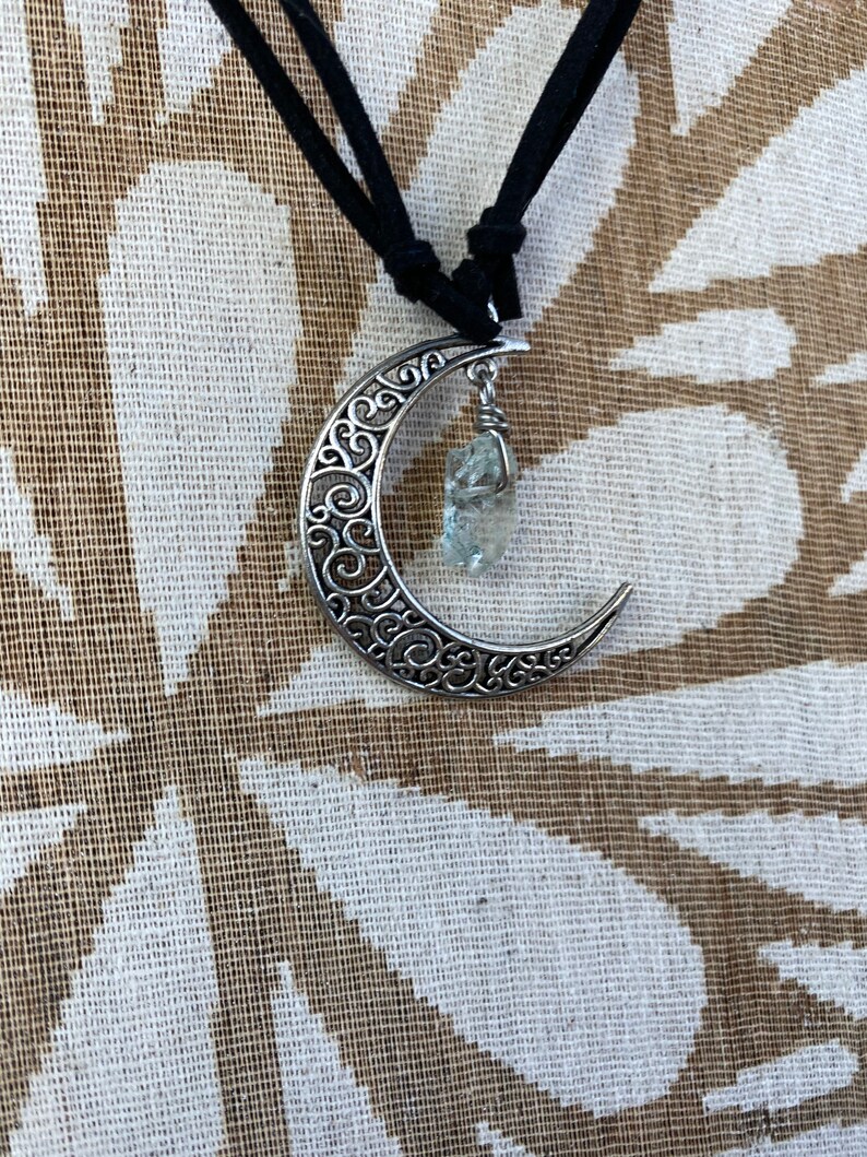 Handmade crescent moon charm necklace with wire wrapped crystal or amethyst blue aura quartz variety of crystal options; pink aura quartz