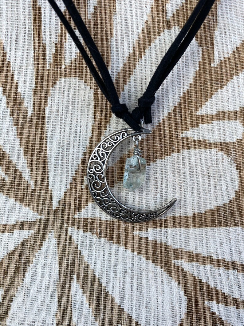 Handmade crescent moon charm necklace with wire wrapped crystal or amethyst blue aura quartz variety of crystal options; pink aura quartz