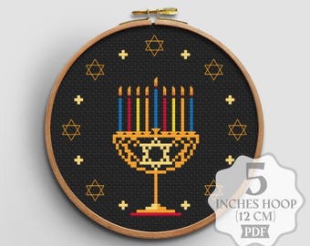 Small Cross Stitch Pattern Hanukkah Menorah David Star Holiday - PDF