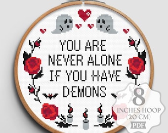 Funny Demons Cross Stitch Pattern PDF, Spooky Gothic Design, You Are Never Alone (Digital)