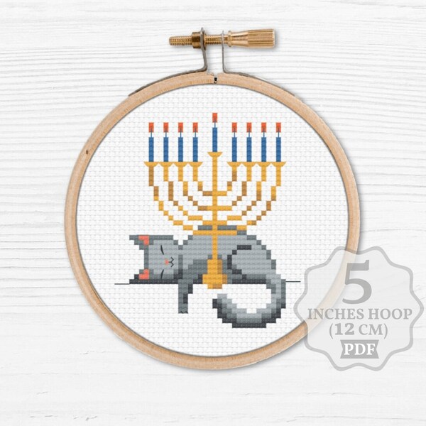 Pequeño gato Hanukkah Patrón de punto de cruz PDF, Peace Easy Cute Holiday decoración Menorah bordado regalo, judío moderno