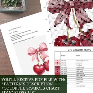 K&ouml;nnte beinhalten: Kreuzstichmuster f&uuml;r zwei rote Kirschen mit einer rosa Schleife. Das Muster enth&auml;lt eine Farbkarte und eine Garnliste. Das Muster ist 60 Stiche hoch und 40 Stiche breit. Das Muster ist f&uuml;r 14-z&auml;hlendes Aida-Gewebe.