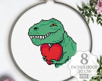 Roligt dinosauriekorsstygnsmönster: T-Rex med hjärta (PDF digital nedladdning)