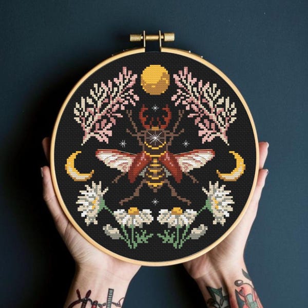Witchy Cross Stitch Pattern: Floral Moon Stag Beetle Design (PDF Chart)