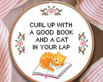 Cat and Book Cross Stitch Pattern: Reading Reader Bookish Saying (PDF)