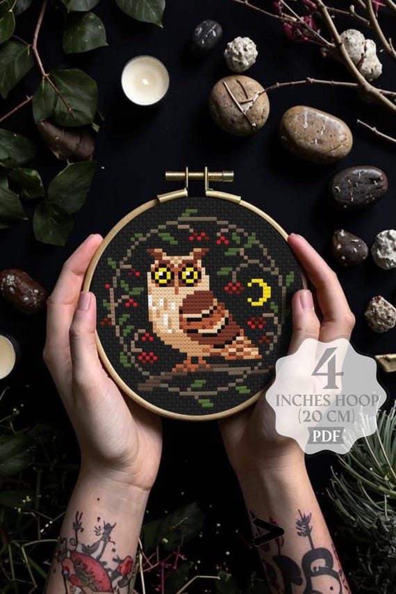 フクロウのクロスステッチパターン：ミニネイチャー刺繍デザイン（PDF
