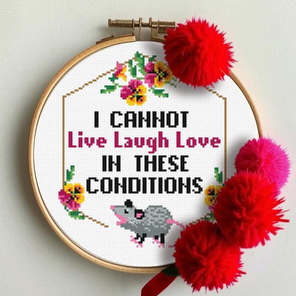Funny Possum Cross Stitch Pattern PDF Counted Cross Stitch Opossum Meme Live Laugh Cross Stitch Office Gift For Employer Workplace Decor