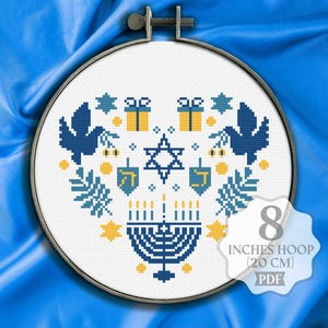 Padrão de ponto cruz de Hanukkah em PDF, presente de feliz Hanukkah, Menorah, feriados judaicos modernos, pomba, estrela de Davi, download instantâneo