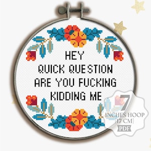Puede incluir: Patrón de punto de cruz con una corona de flores y el texto "HEY QUICK QUESTION ARE YOU FUCKING KIDDING ME" en letras negras. El patrón está diseñado para un aro de 7 pulgadas (17 cm).