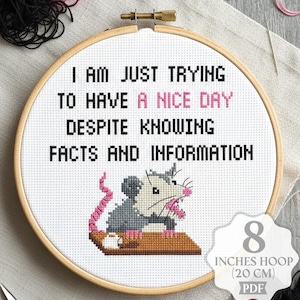 Op de afbeelding: Kruissteekborduurring met de tekst "I AM JUST TRYING TO HAVE A NICE DAY DESPITE KNOWING FACTS AND INFORMATION." Het ontwerp bevat een cartoon opossum. De ring heeft een diameter van 20 cm.