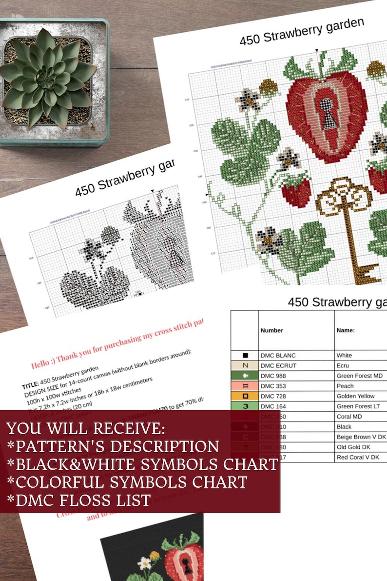 Op de afbeelding: Een kruissteekpatroon getiteld "450 Strawberry Garden" met een gedetailleerde kaart met een aardbei-ontwerp, een sleutel en bloemelementen. De patroongrootte is 18 x 18 cm. Inclusief een DMC-garenlijst en een zwart-wit symbolenkaart.