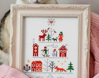 Christmas Cross Stitch Pattern PDF: Winter Holiday Tier Village City Red Houses