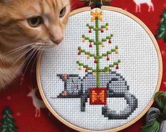 Christmas Tree Cat Cross Stitch Pattern: Tiny Winter Embroidery (PDF Pattern)
