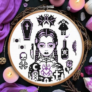 Gothic Cross Stitch Pattern PDF Girl Witchy Cross Stitch Witch Spooky Cross Stitch Pattern Easy Cross Stitch Halloween Pattern Digital