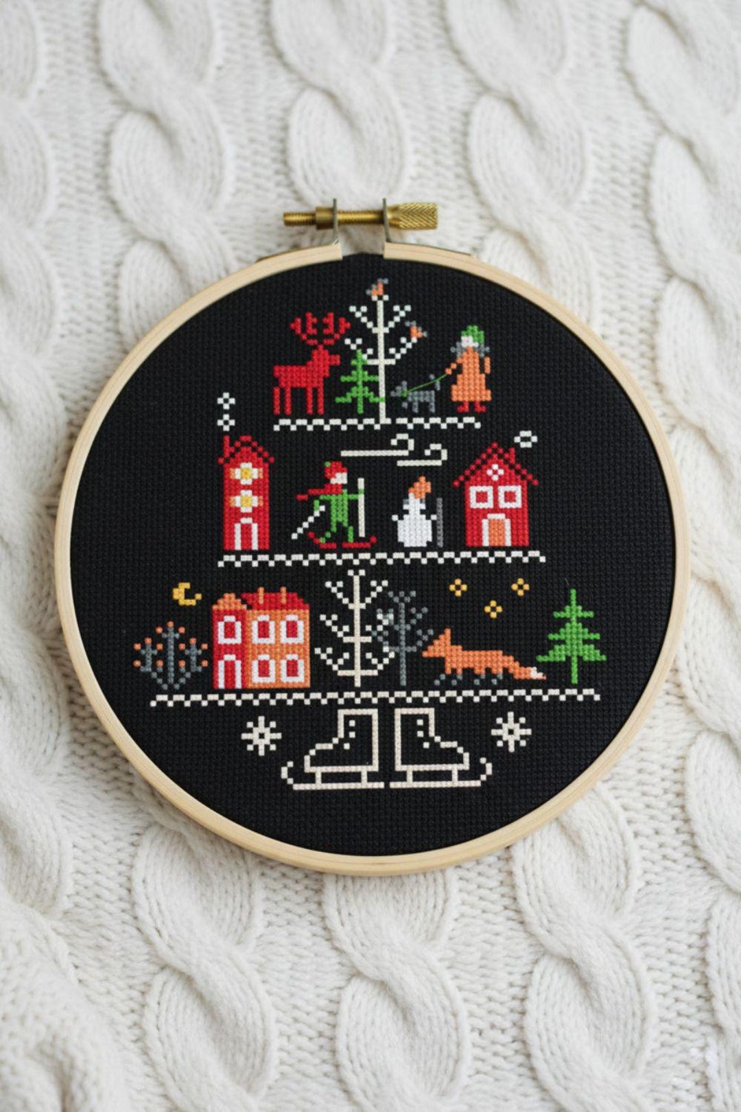 Winter Village Cross Stitch Pattern Christmas Holiday Tier Red Houses ...