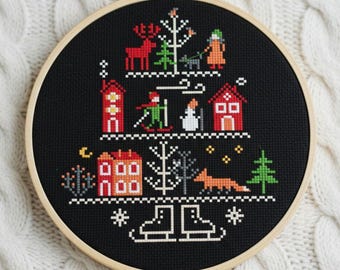 Winter village Cross Stitch Pattern Christmas Holiday Tier Red Houses - Digital PDF