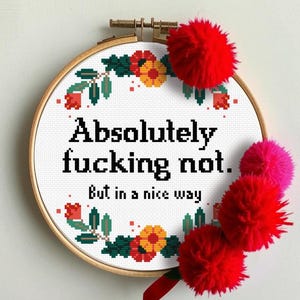 Könnte beinhalten: Ein weißer Stickrahmen mit einem Blumendesign am Rand. Der Text "Absolut nicht. Aber auf eine nette Art." ist in schwarzen Buchstaben auf weißem Hintergrund gestickt.